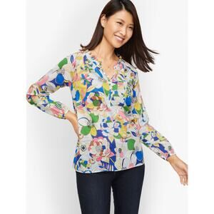Talbots Floral Print Ruffle Trim Popover Blouse size Large Lightweight